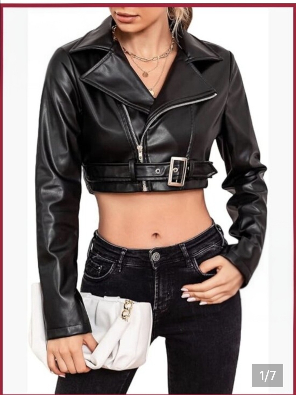 biker jacket Ashley By 26 International Cropped Black Faux Leather Moto Jacket